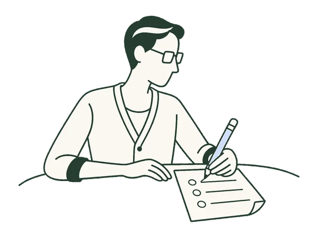 An older adult answering a short question sheet.
